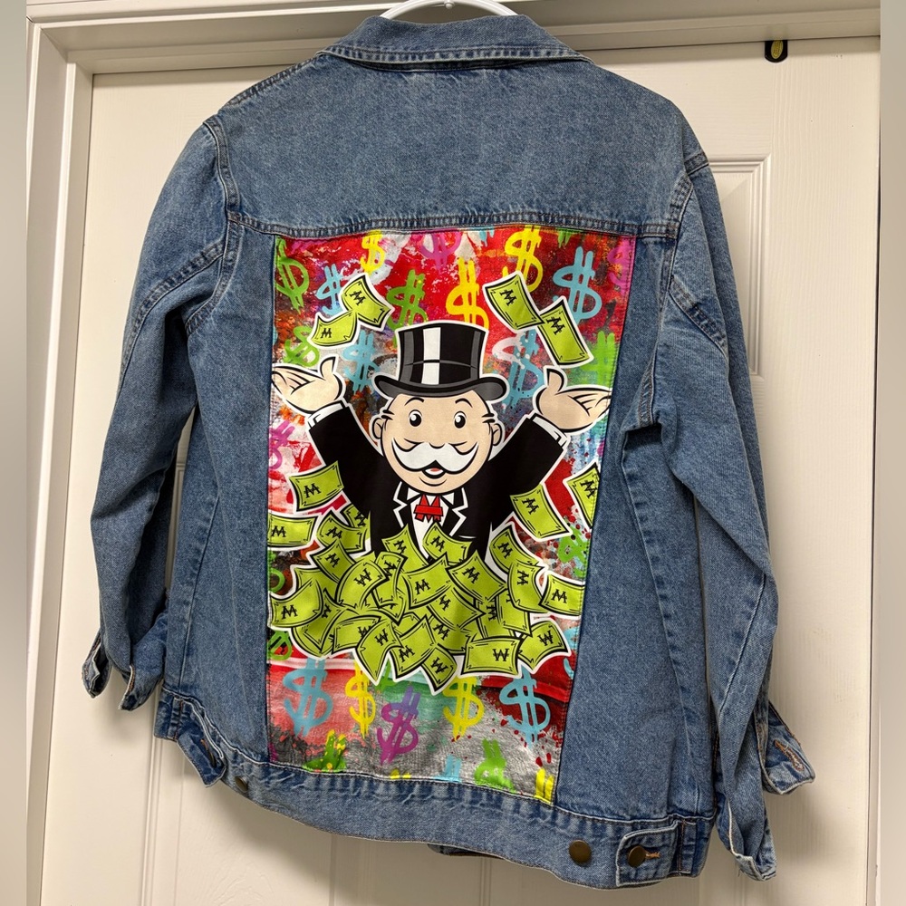 Monopoly Oversized Graffiti Print Graphic Denim Jacket Unique Medium